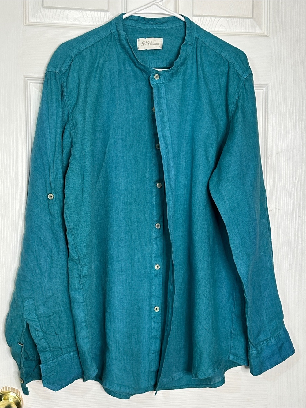 Teal Linen Button-Down Shirt for Men